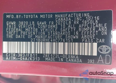 2017 Toyota Corolla L/Le/Xle/Se/Xse из США, поврежденный, VIN 2T1BURHE4HC776151